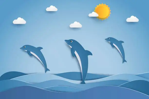 Vector illustration of Happy dolphins jumping in sea waves