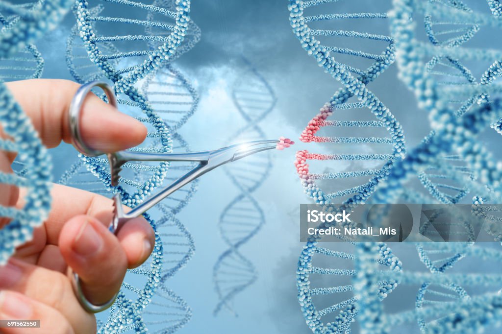 Hand inserts a molecule into DNA. Hand inserts a molecule into DNA concept design. DNA Stock Photo