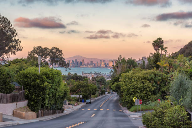 View of the city San Diego at sunset with city streets.