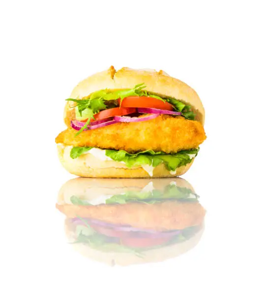 Chickenburger Sandwich Fast Food with Meat and Vegetables isolated on White, Background