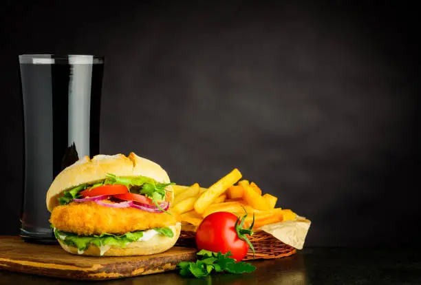 Cola with French Fries and Chickenburger Sandwich on Copy Space Text Area