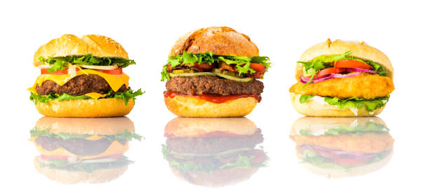 istock Cheeseburger, Chickenburger and Sandwich on White Background 691570530