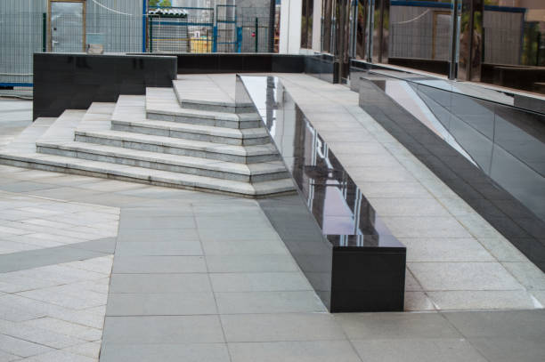 Ramp available to support wheelchair users in a modern office building, the facilities of transportation. stock photo