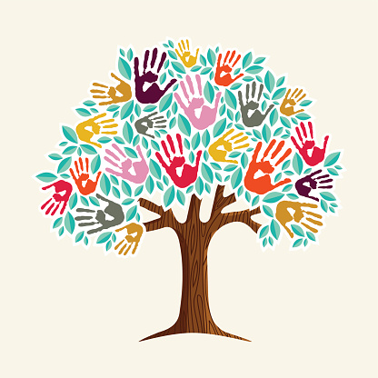 A helping hand: tree made of diverse handprints shape. Community help concept illustration. EPS10 vector.