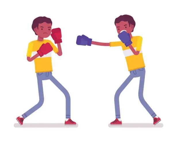 Vector illustration of Set of black or african american young men boxing