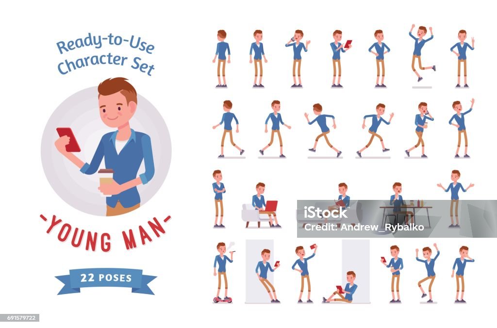 Ready-to-use young man character set, various poses and emotions Ready-to-use character set. Young man, trendy haircut, beige chino shorts. Various poses and emotions, running, standing, walking, working. Full length, front, rear view isolated, white background Characters stock vector