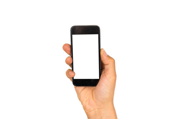 istock Hand holding black phone isolated on white clipping path inside 691586082