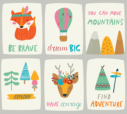 Set of vector nursery posters with cute fox, deer, air balloon, mountains, forest trees in cartoon style