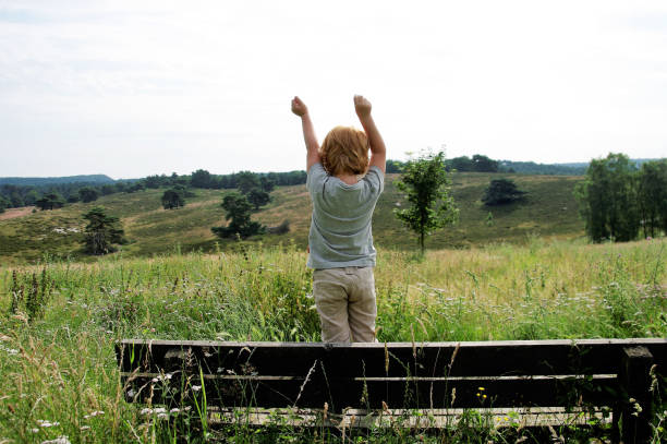 Brown hair boy sitting on a bench in the field.