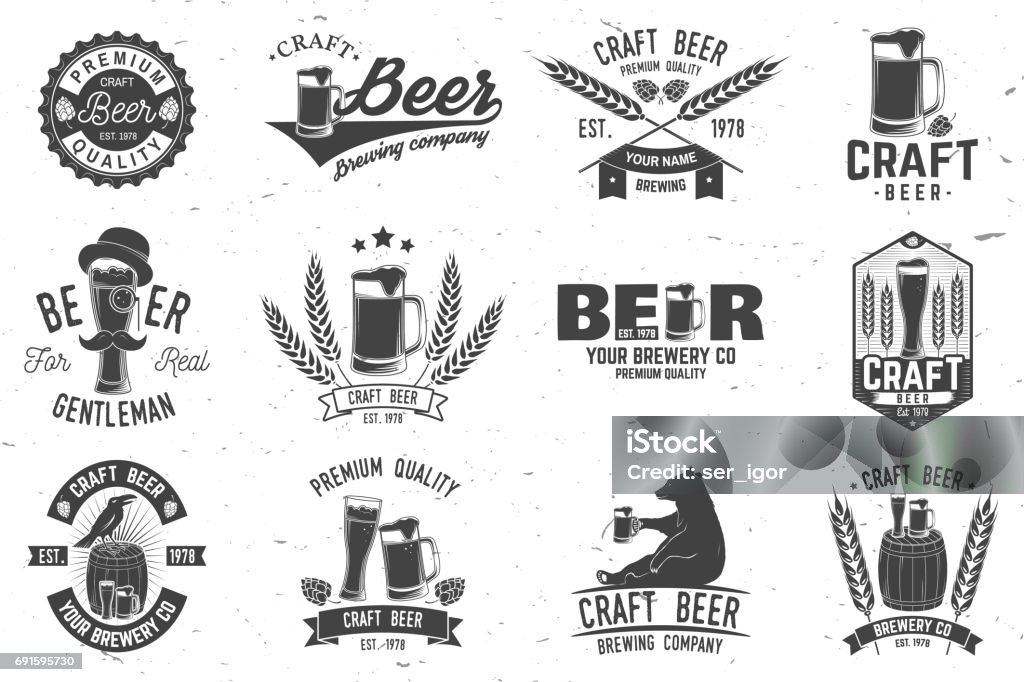 Vintage design for bar, pub and restaurant business Set of Craft Beer badges with hops, raven and bear. Vector illustration. Vintage design for bar, pub and restaurant business. Coaster for beer. Logo stock vector