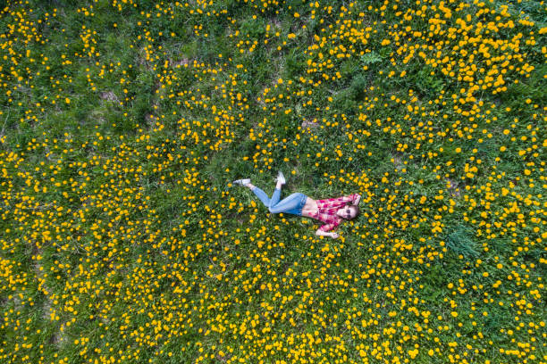 vuelo sobre una muchacha en un verde césped en campo amarillo flores - on top of grass scenics field fotografías e imágenes de stock