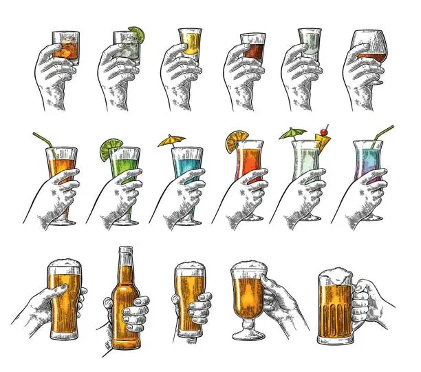 Vector illustration of Hand holding glass tequila, vodka, rum, cognac, whiskey, gin, cocktail.