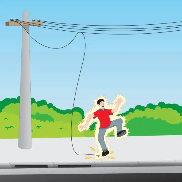 Vector illustration of Illustration depicting a young man receiving an electric discharge on exposed electric wire. Ideal for catalogs, information and safety and institutional material