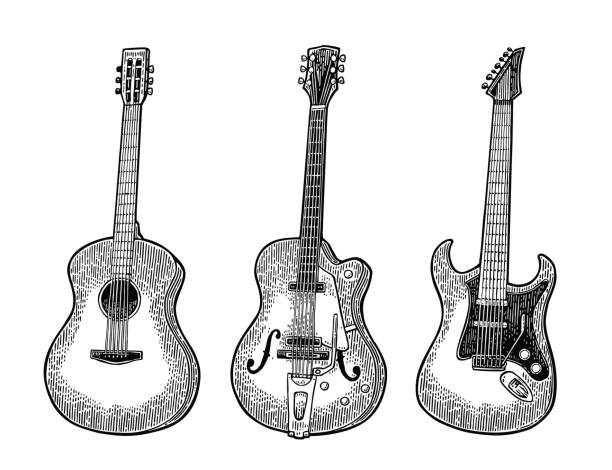 ilustraciones, imágenes clip art, dibujos animados e iconos de stock de guitarra acústica y eléctrica. ilustración de vector vintage grabado negro - musical instrument string illustrations