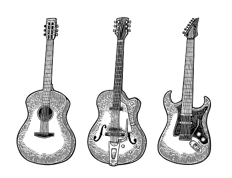 Acoustic and electric guitar. Vintage vector black engraving illustration for poster, web. Isolated on white background.