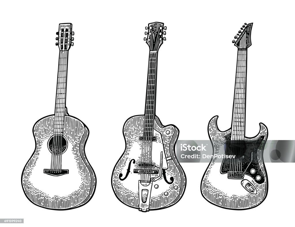 Acoustic and electric guitar. Vintage vector black engraving illustration Acoustic and electric guitar. Vintage vector black engraving illustration for poster, web. Isolated on white background. Guitar stock vector