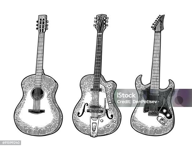 Acoustic And Electric Guitar Vintage Vector Black Engraving Illustration Stock Illustration - Download Image Now