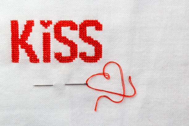 istock The word kiss embroidered red thread on white fabric. 691600466