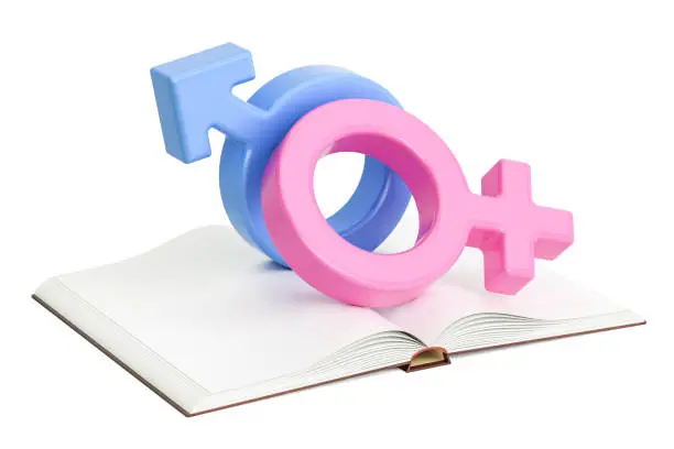 Photo of Opened blank book with female and male gender symbols, 3D rendering