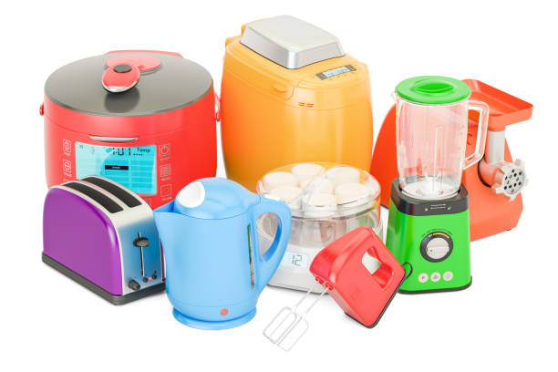 istock Set of colored kitchen home appliances. Toaster, kettle, mixer, blender, 