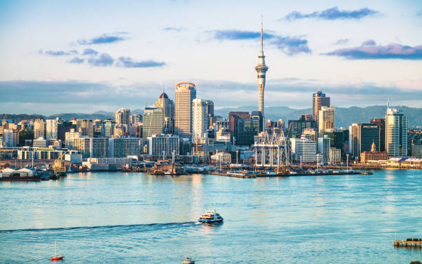 Auckland's skyline at dawn An early morning view of the CBD of Auckland, across the water of Waitemata Harbor. auckland stock pictures, royalty-free photos & images