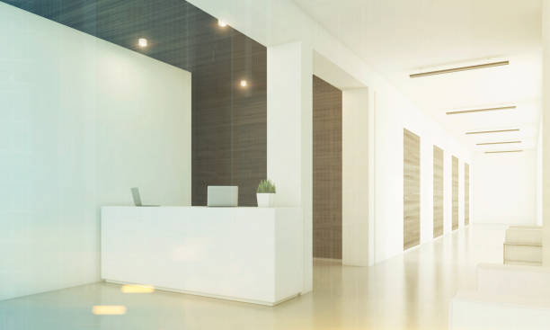 istock Dark wooden reception, armchair, side, toned 691615798