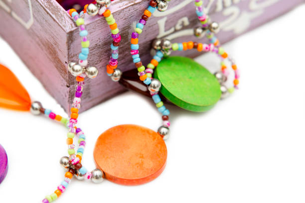 Wooden beads close-up is on the table. Multicolored necklace is in the casket.
