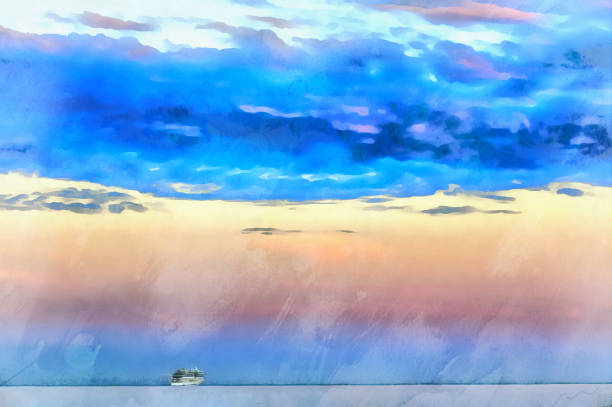 Beautiful sunset over Mediterranean sea colorful painting