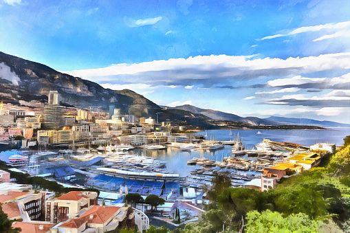 Port Hercules colorful painting, Monaco-Ville, Monte Carlo, Monaco