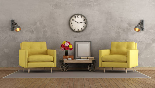 istock Retro living room with two yellow armchairs 691629722