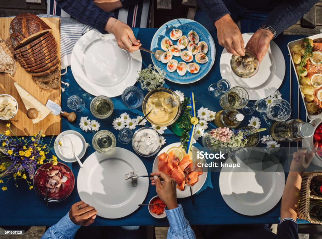 Swedish summer Midsommar Midsummer celebration dinner party Summer Stock Photo