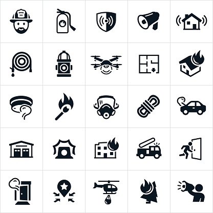 A set of firefighting icons. The icons include firemen, fire extinguisher, fire alarm, smoke detector, bullhorn, fire hose, fire hydrant, drone, fire escape route, house fire, match, flame, firefighter mask, building fire, car fire, fire station, rope, equipment, siren, fire truck, fire escape, smoke, evacuation plan, helicopter and forest fire to name a few.