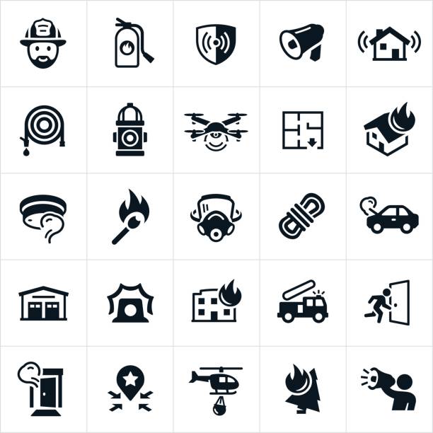 Firefighting Icons A set of firefighting icons. The icons include firemen, fire extinguisher, fire alarm, smoke detector, bullhorn, fire hose, fire hydrant, drone, fire escape route, house fire, match, flame, firefighter mask, building fire, car fire, fire station, rope, equipment, siren, fire truck, fire escape, smoke, evacuation plan, helicopter and forest fire to name a few. wildfire smoke stock illustrations