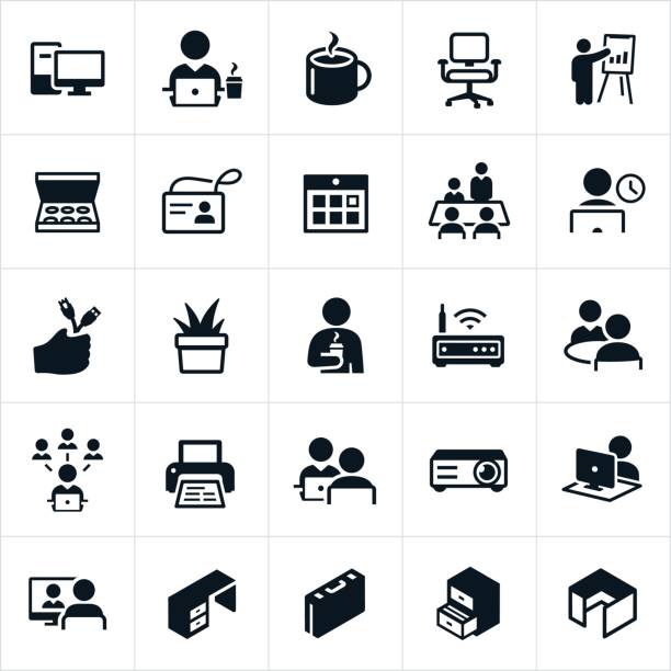 Office Icons A set of business office icons. The icons include businessmen, businesswomen, computers, coffee, office chair, presentation, donuts, ID badge, calendar, boardroom, working at computer, office supplies, office equipment, interview and other related themes. interview event icons stock illustrations