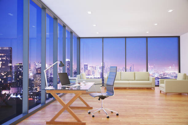 istock Modern office with night city view side 691648866