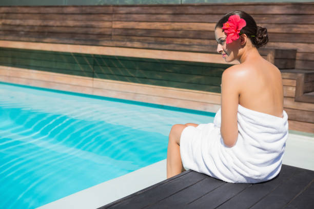 Detail of hotel outdoor pool with hot mineral water vapors