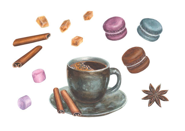illustrations, cliparts, dessins animés et icônes de illustration aquarelle avec une tasse de café, cannelle, anis, m - turbinado sugar illustrations