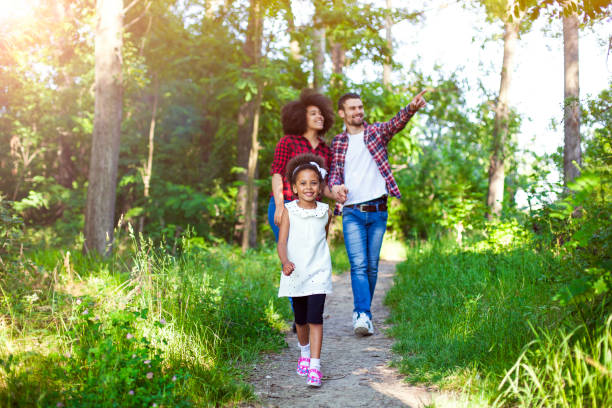 istock Happy family walking along a path in the woods 691665992