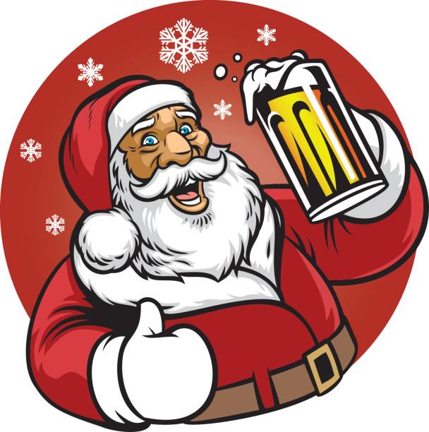 ilustraciones, imágenes clip art, dibujos animados e iconos de stock de santa claus disfruta de un vaso de cerveza - christmas santa claus north pole snow