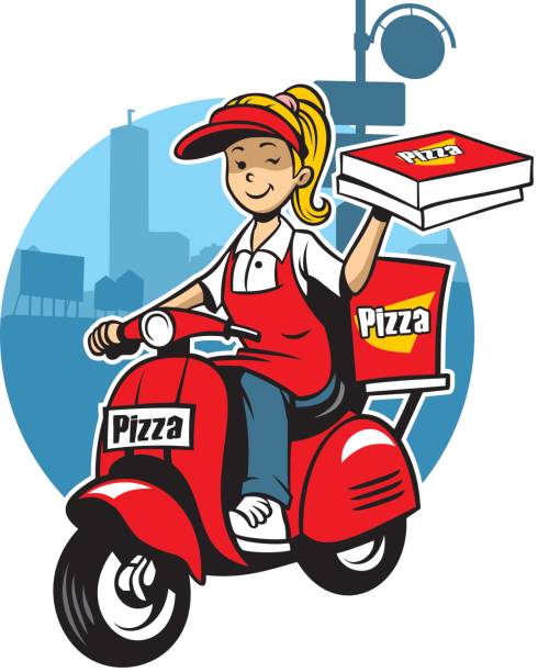девушка, как служба доставки пиццы ездить на скутере - pizza pizza box cartoon take out food stock illustrations
