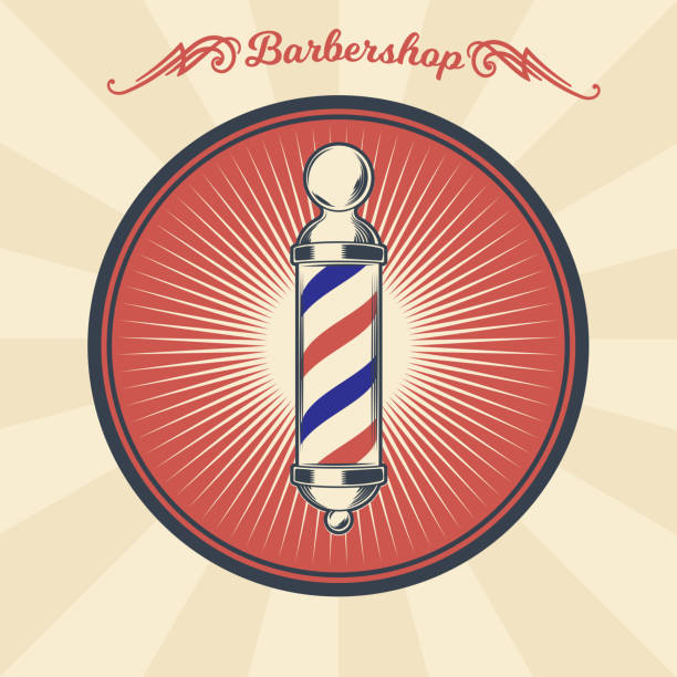 векторный винтажный значок, наклейка, вывеска с полюсом парикмахерской - barbers pole stock illustrations