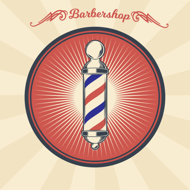Vector vintage badge, sticker, sign with barber shop pole Vector vintage illustration of badge, sticker, sign with barber shop pole. Print, template, design element hair posters for salon stock illustrations