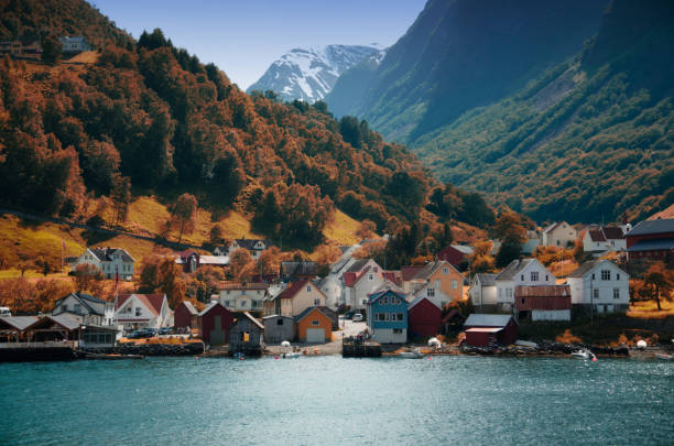 Beautiful village in Norway. Travel around the fjords in the spring and autumn. Travel to Norway. Oslo and the fjords. Beautiful nature. Rivers and waterfalls. Spring and Autumn. geirangerfjord stock pictures, royalty-free photos & images