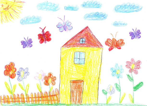 kinder zeichnung von haus - kinderzeichnung stock-grafiken, -clipart, -cartoons und -symbole