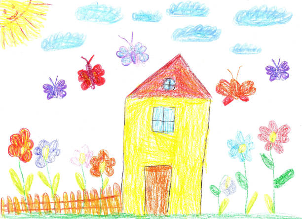 illustrazioni stock, clip art, cartoni animati e icone di tendenza di disegno di un bambino di una casa - child art childs drawing painted image