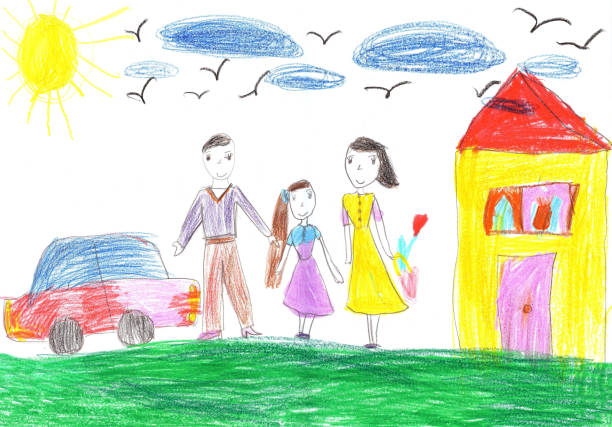 illustrations, cliparts, dessins animés et icônes de enfant de dessiner une famille heureuse - childs drawing child preschool crayon