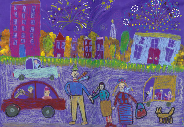 ilustraciones, imágenes clip art, dibujos animados e iconos de stock de una familia feliz observación de fuegos artificiales. edificios, coches y autobuses - bus family travel destinations women