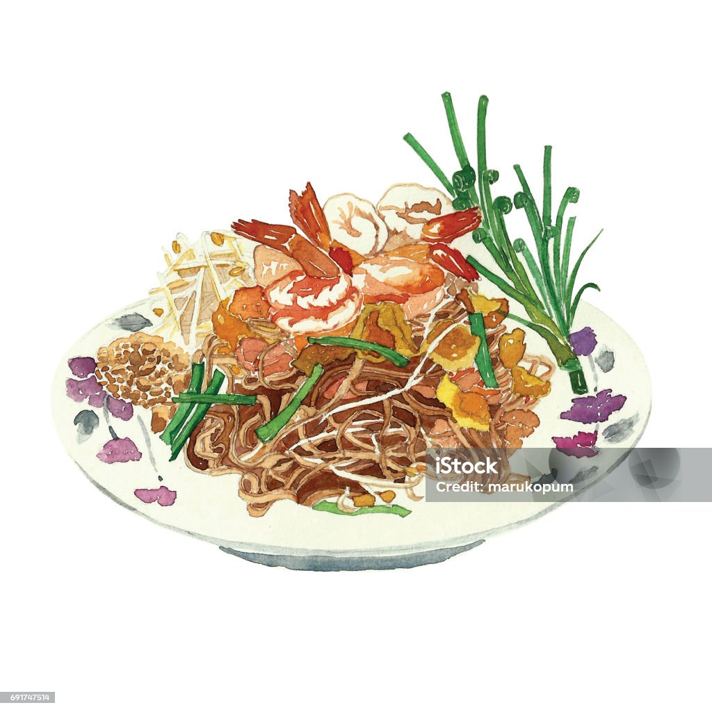 Thai Fried Noodles. Watercolor painting by hand. Created without reference image Pad Thai created with watercolor painting on canvas paper. It's famous food in Thaialnd Pad Thai stock illustration