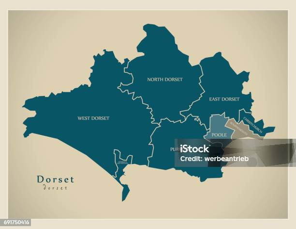 Modern Map Dorset With Districts And Unitaries Detailed Uk Stock Illustration - Download Image Now