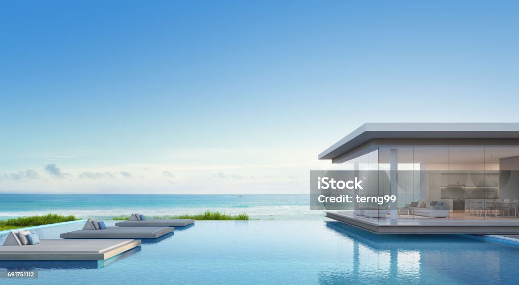 Luxury beach house with sea view swimming pool in modern design, Vacation home for big family 3d rendering of building and swimming pool Luxury Stock Photo